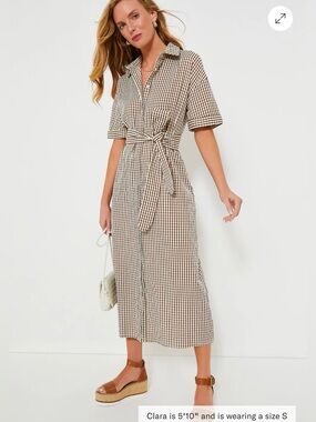 Tuckernuck Pomander Place Brown and Cream Gingham Seersucker Maxi Shirt Dress S